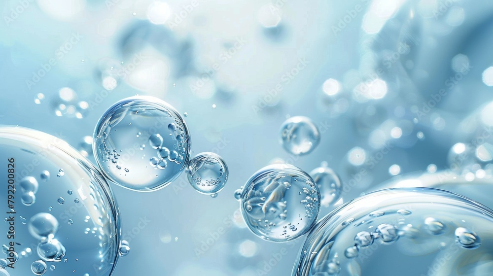 Crystal clear water bubbles floating elegantly on a serene light blue background Crystal clear water bubbles floating elegantly on a serene light blue background