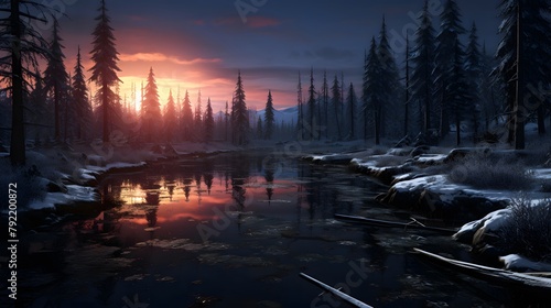 Panoramic view of a frozen lake in the mountains at sunset