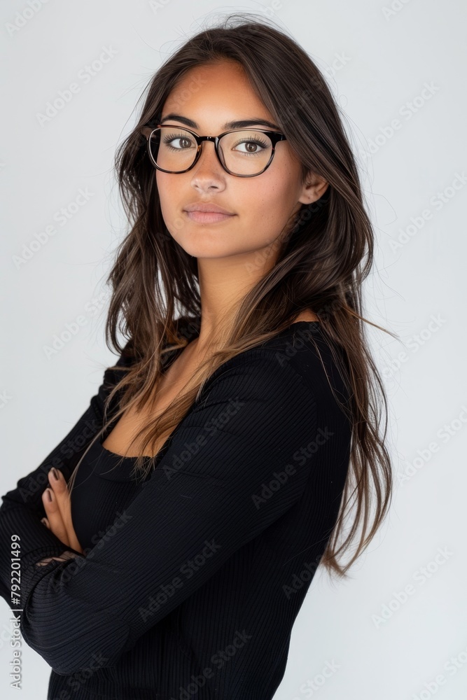 Smart Casual Woman in Glasses and Black Outfit. Smart Casual Woman in Glasses and Black Outfit.