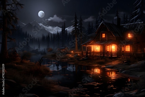 Fantasy night landscape with wooden house in the forest. 3d illustration