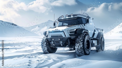 Futuristic arctic transport. SUV on big wheels for snow surface photo