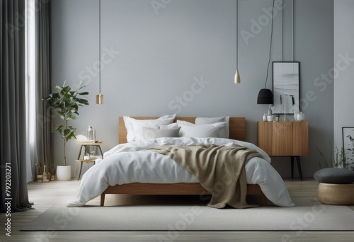 wall mock render 3d bedroom close Scandinavian