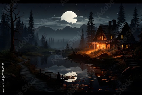 Fantasy landscape with a house on the shore of the lake at night