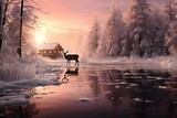 Beautiful winter landscape with frozen lake and reindeer at sunset