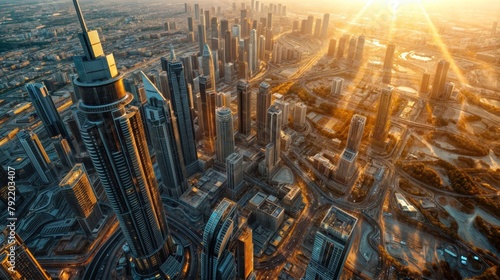 Aerial view of Dubai city at sunset  United Arab Emirates.