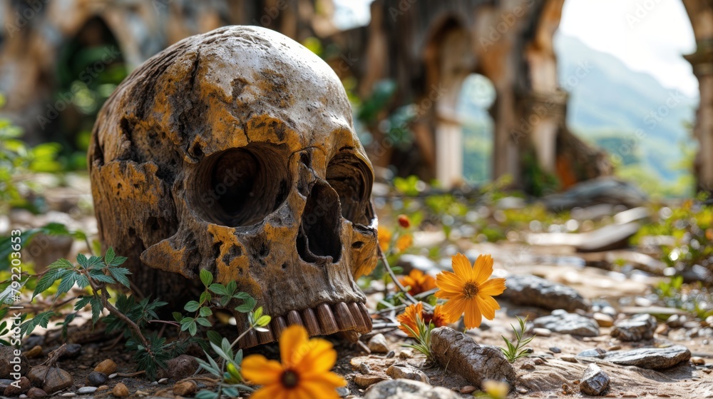 Skull and flower in the garden. Halloween concept. Selective focus. Skull and flower in the garden. Halloween concept. Selective focus.