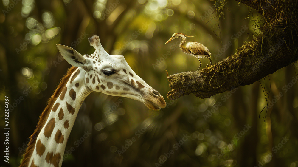 Obraz premium Gentle Encounter, Giraffe and Bird