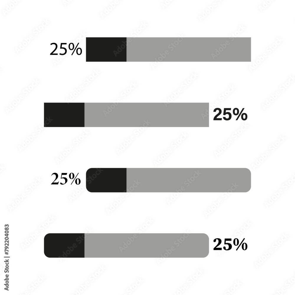 Monochrome progress bars indicating twenty five percent completion. Graphical user interface elements. Data visualization concept. Vector illustration. EPS 10. Monochrome progress bars indicating twenty five percent completion. Graphical user interface elements. Data visualization concept. Vector illustration. EPS 10.