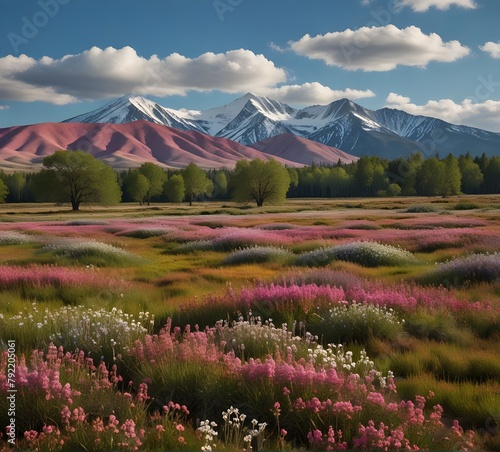 "A colorful landscape with trees and pink mountains in."
