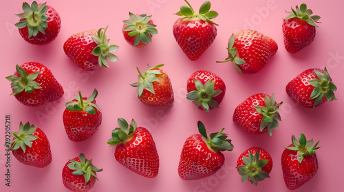 Fresh ripe strawberries scattered on a pink background in flat lay composition. Vibrant healthy food concept, organic fruit, natural produce, and minimal design for culinary, diet, or lifestyle