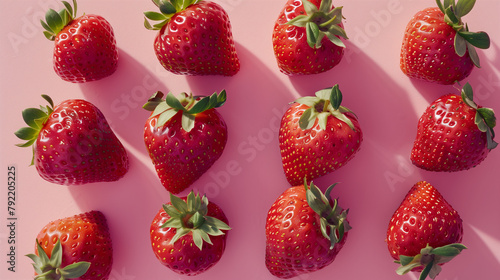 Fresh ripe strawberries scattered on a pink background in flat lay composition. Vibrant healthy food concept, organic fruit, natural produce, and minimal design for culinary, diet, or lifestyle