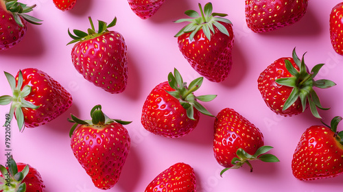Fresh ripe strawberries scattered on a pink background in flat lay composition. Vibrant healthy food concept, organic fruit, natural produce, and minimal design for culinary, diet, or lifestyle