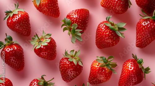 Fresh ripe strawberries scattered on a pink background in flat lay composition. Vibrant healthy food concept, organic fruit, natural produce, and minimal design for culinary, diet, or lifestyle