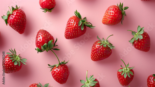Fresh ripe strawberries scattered on a pink background in flat lay composition. Vibrant healthy food concept, organic fruit, natural produce, and minimal design for culinary, diet, or lifestyle