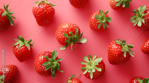 Fresh ripe strawberries scattered on a pink background in flat lay composition. Vibrant healthy food concept, organic fruit, natural produce, and minimal design for culinary, diet, or lifestyle