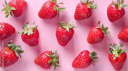 Fresh ripe strawberries scattered on a pink background in flat lay composition. Vibrant healthy food concept, organic fruit, natural produce, and minimal design for culinary, diet, or lifestyle