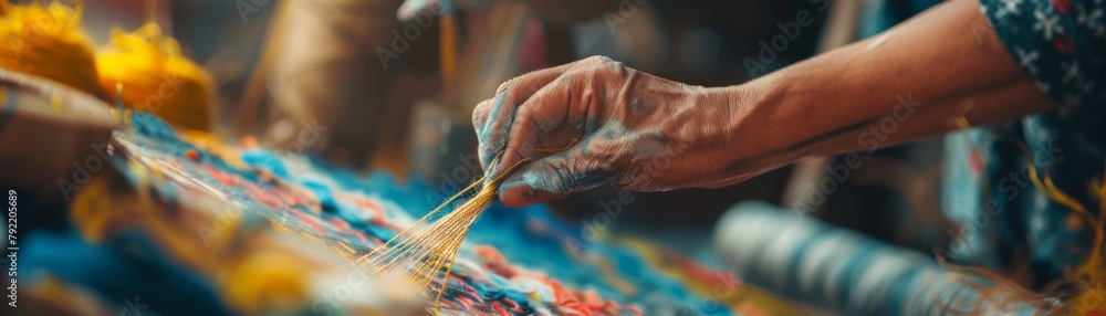 A close up of a person's hand weaving a colorful carpet. A close up of a person's hand weaving a colorful carpet.