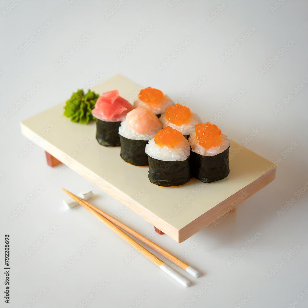 A cartoon animated but realistic render of japanese sushi rolls, nigiri, wasabi, soy, ginger on a bamboo board. Miniature style A cartoon animated but realistic render of japanese sushi rolls, nigiri, wasabi, soy, ginger on a bamboo board. Miniature style