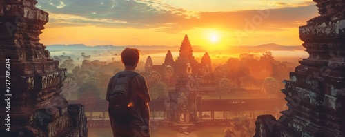 The golden sunrise surrounds a solitary backpacker at Angkor Wat, creating a majestic scene. photo