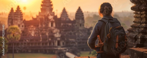 Before Angkor Wat, a backpacker stands alone, enveloped in the serene, golden light of sunrise. photo