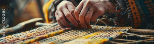 A close up of a person's hands weaving a colorful rug on a traditional loom.