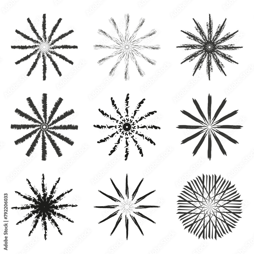 Black abstract starburst collection. Dynamic radial lines design. Explosion effect symbols. Vector illustration. EPS 10.