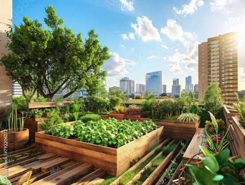 A lush rooftop garden with a view of the city skyline.