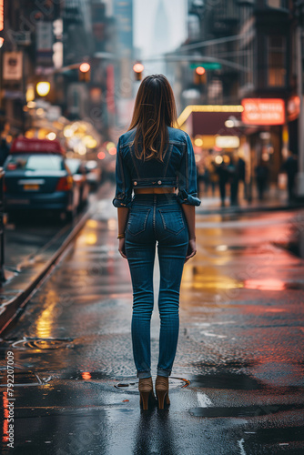 Back view of a young woman in a blue jacket walking in the rain in New York City