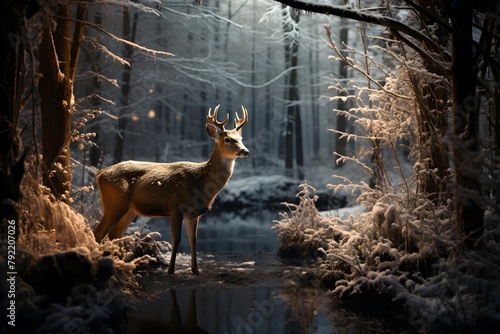 A whitetail deer in the middle of a winter forest.