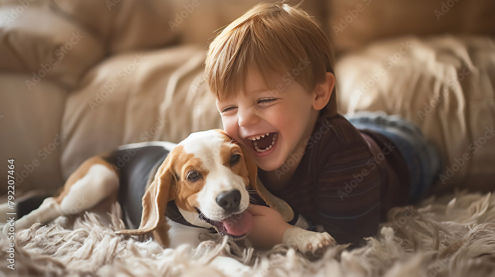 Obraz premium A little child boy happy enjoy playing with beagle dog