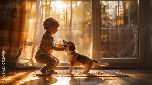 A child kid boy playing with beagle dog cute pet