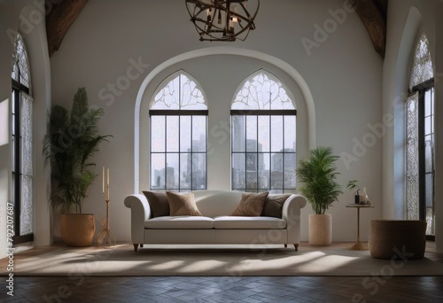 style room Created living interior window Rustic design arched sofa modern boho walls White room stucco © akkash jpg