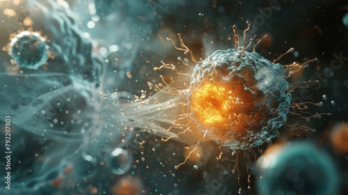 A photograph of a Tcell interacting with an cell injecting it with toxins to eliminate the virus. The Tcell appears to be bursting photo