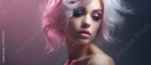 Beautiful girl with white and pink hair. Portrait of a beautiful woman with pink background and lights.