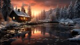 Beautiful winter landscape with a wooden house on the bank of a mountain river