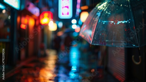 Out of focus view of a rainy alleyway with blurred neon signs and faintly visible figures huddled under umbrellas seeking refuge from the downpour. .