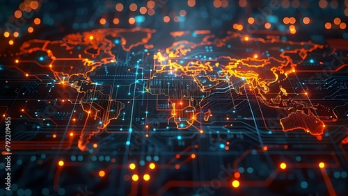 The Global Map: Symbolizing Electronic Trade and Distribution with a Digital Circuit Board Overlay. Concept Technology Trends, Digital Commerce, Global Connectivity, Modern Business