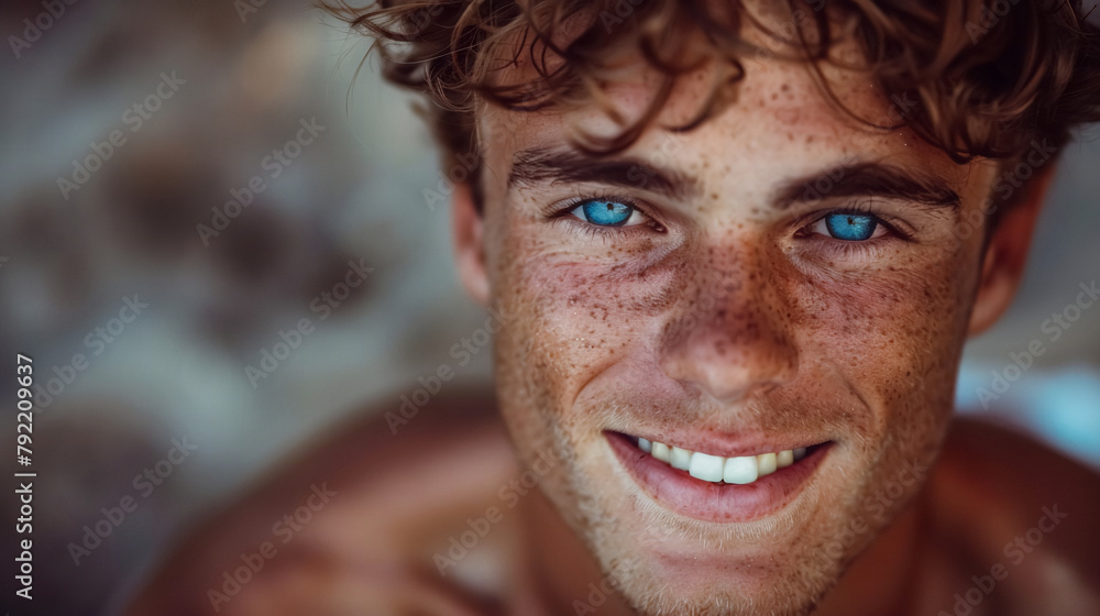 Portrait of a handsome man smiling with a beard and dark hair in a casual setting Portrait of a handsome man smiling with a beard and dark hair in a casual setting