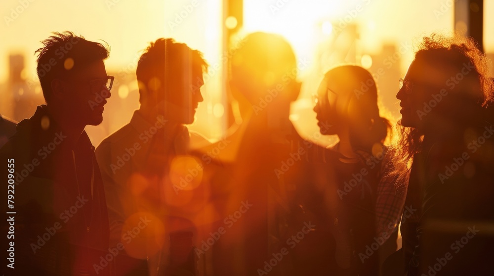 A soft outoffocus backdrop shows a team of distant silhouettes huddled together in a collaborative discussion their determined expressions illuminated by the warm glow of a setting . A soft outoffocus backdrop shows a team of distant silhouettes huddled together in a collaborative discussion their determined expressions illuminated by the warm glow of a setting .