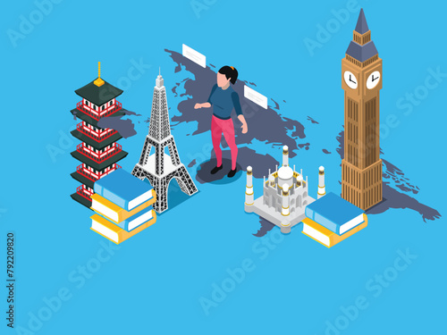 Woman with travel the world icons