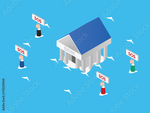Bank building and employees drowning in water after financial crisis