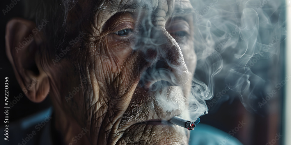 close-up view of a old man smoking a cigarette. The smoke from the cigarette is visible, curling around the person’s face close-up view of a old man smoking a cigarette. The smoke from the cigarette is visible, curling around the person’s face