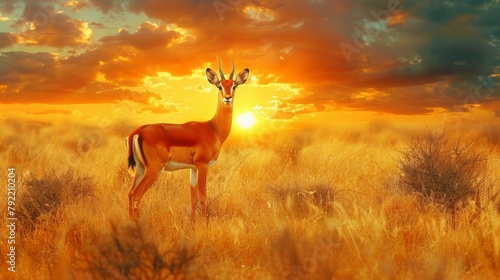 African sunset Impala silhouette gracefully grazing in the golden hues of the savanna