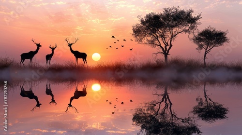 An enchanting silhouette of African wildlife mirrored in tranquil waters  capturing the essence of the safari experience.