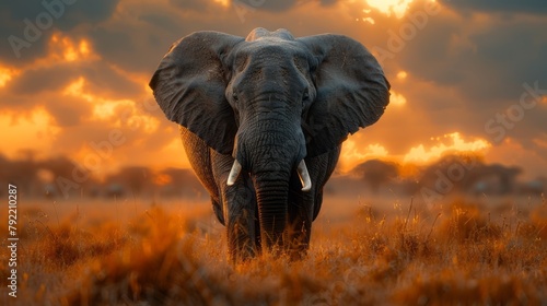  Majestically solitary elephant stands tall at sunset in the expansive African savanna landscape. © Wanlop