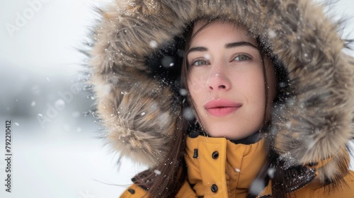 Happy woman smiles and wraps herself in warm clothes in winter forest on snow background. Wearing stylish fashion outfit color parka coat jacket with fur hood photo