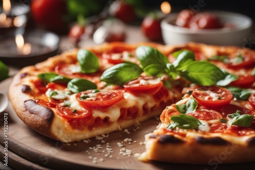 'traditional margarita pizza tomatoes basil italian food cookery cheese mozzarella sauce vegetarian background dinner meal vegetable closeup baked cooked fast tasty wooden margherita red'