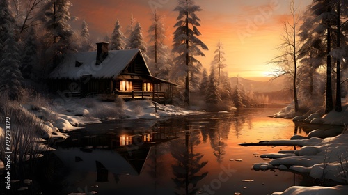 Panorama of a wooden house on the shore of a frozen lake at sunset © Iman
