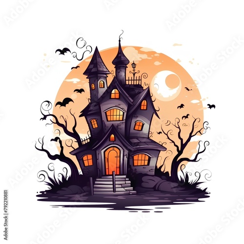 Halloween card with haunted house and full moon, vector illustration. photo