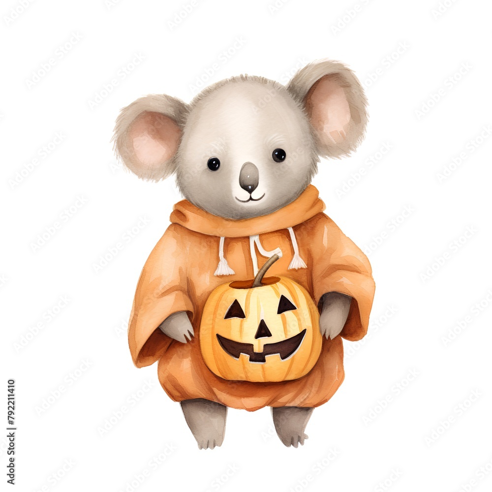 watercolor halloween illustration with cute koala in pumpkin costume watercolor halloween illustration with cute koala in pumpkin costume
